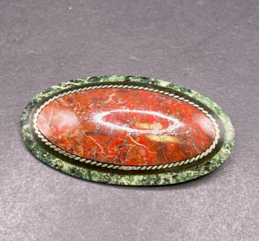 Vtg Red Jasper Green Serpentine Stone Oval Brooch Pin 61mm Cabochon Statement